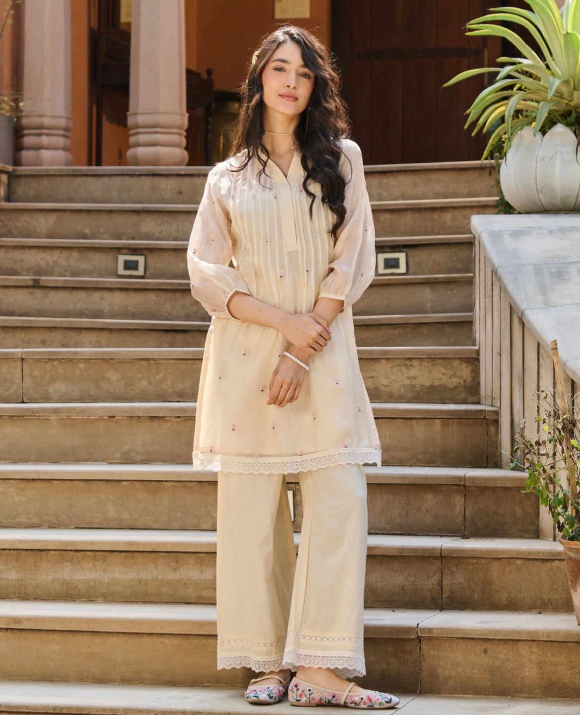 Misha Off White Embroidered Doria Kurta Set