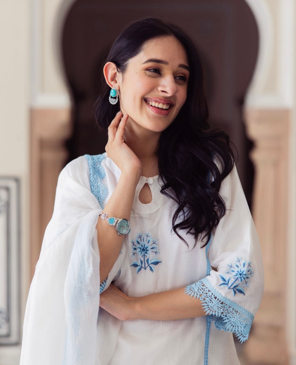 Vista White Embroidered Kota Doria Suit Set