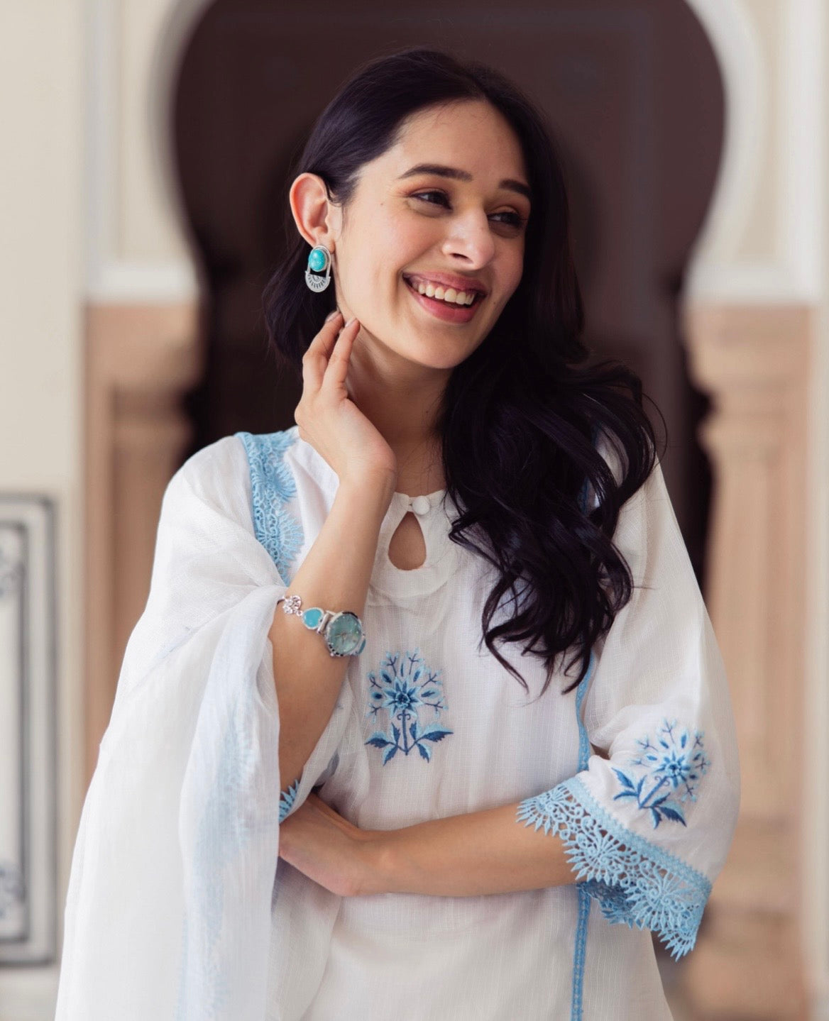 Vista White Embroidered Kota Doria Suit Set