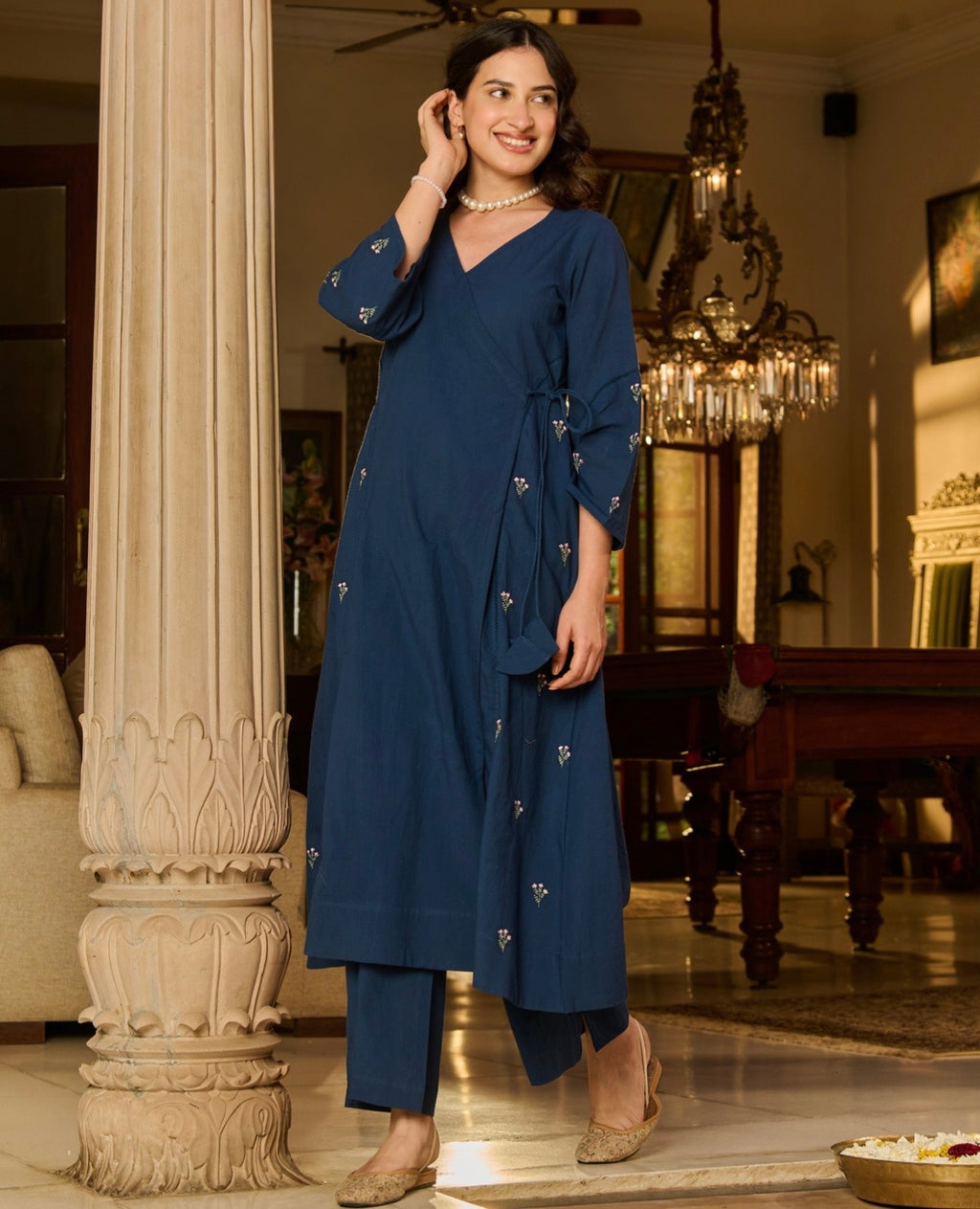 Merse Blue Embroidered Cotton kurta Set