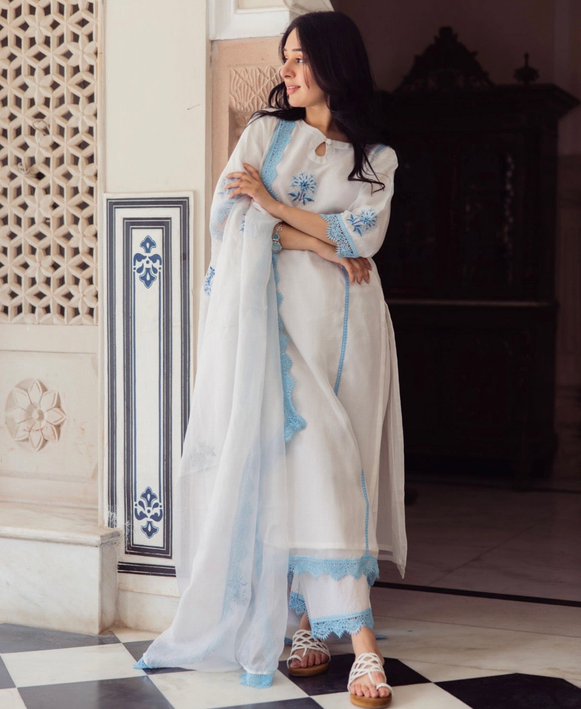 Vista White Embroidered Kota Doria Suit Set