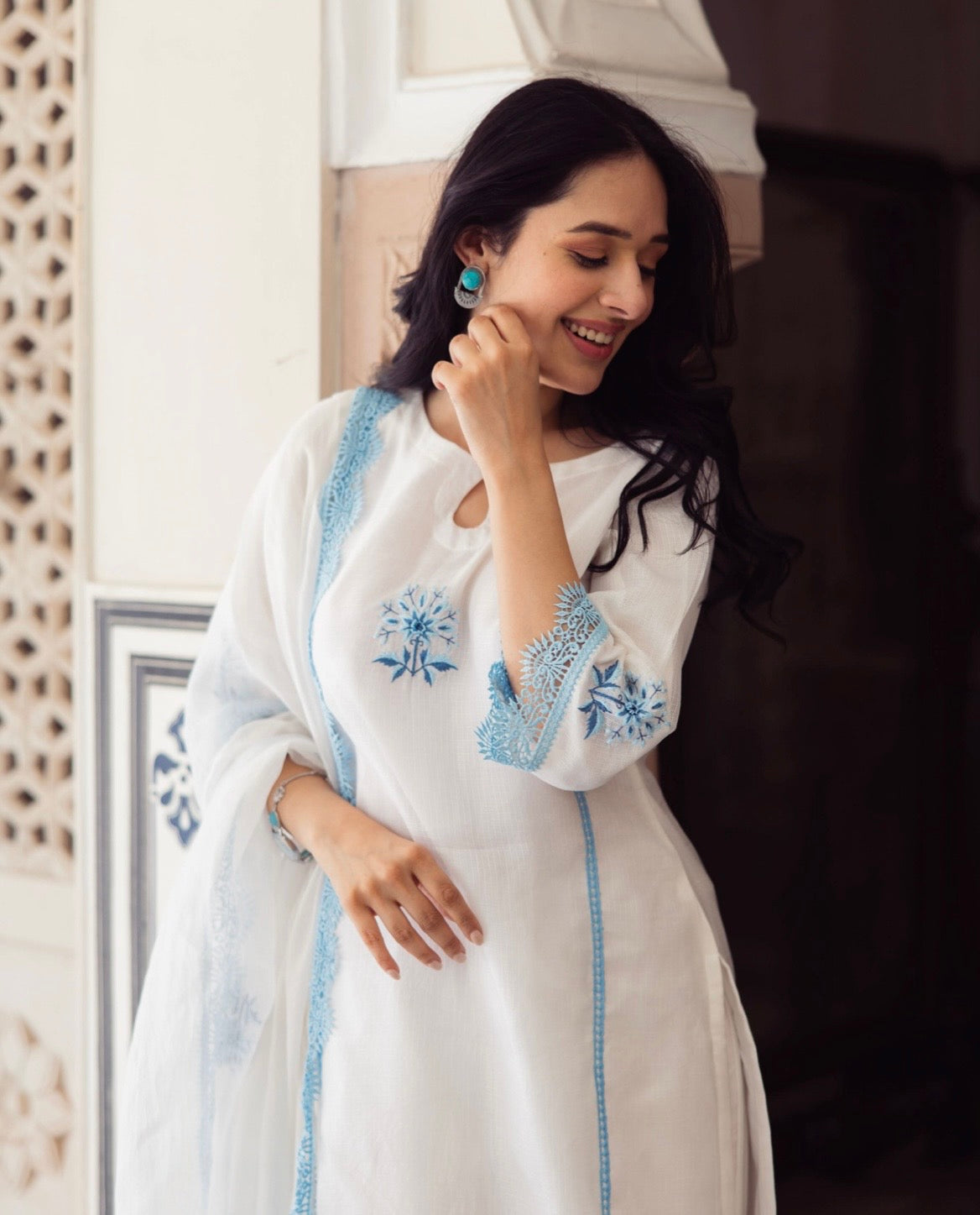 Vista White Embroidered Kota Doria Suit Set