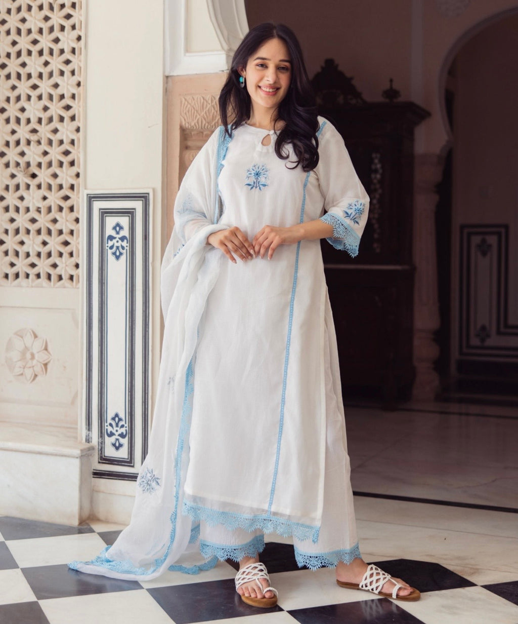 Vista White Embroidered Kota Doria Suit Set