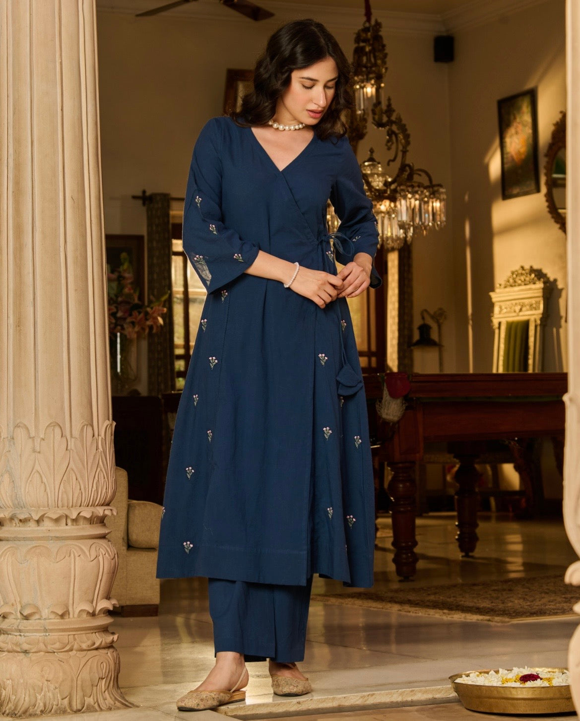 Merse Blue Embroidered Cotton kurta Set
