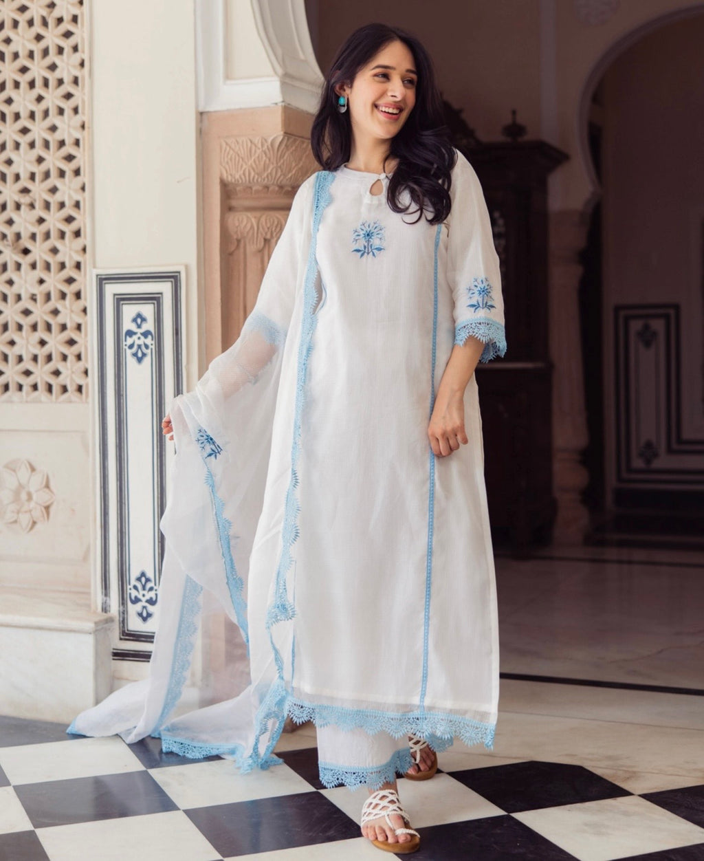 Vista White Embroidered Kota Doria Suit Set