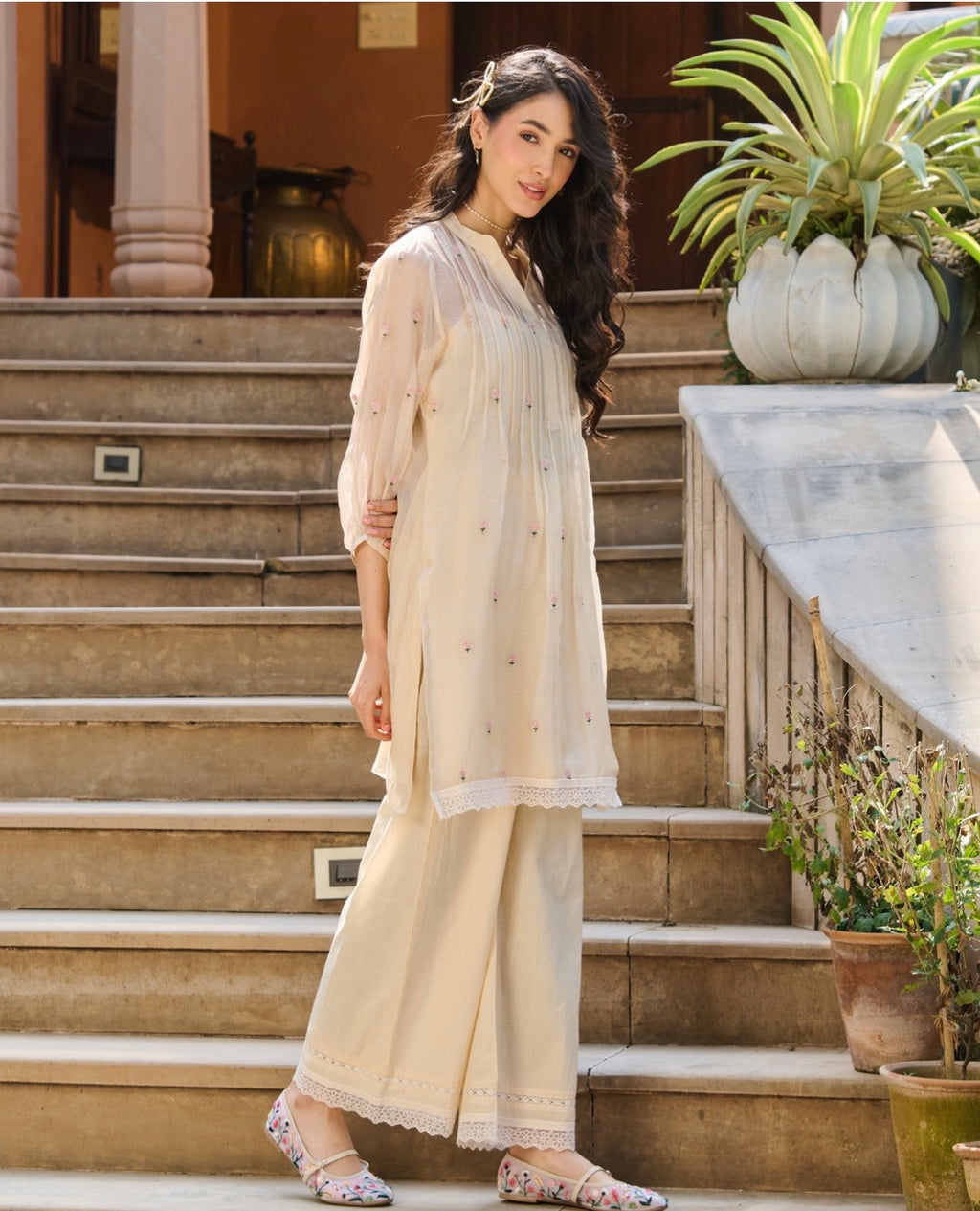 Misha Off White Embroidered Doria Kurta Set