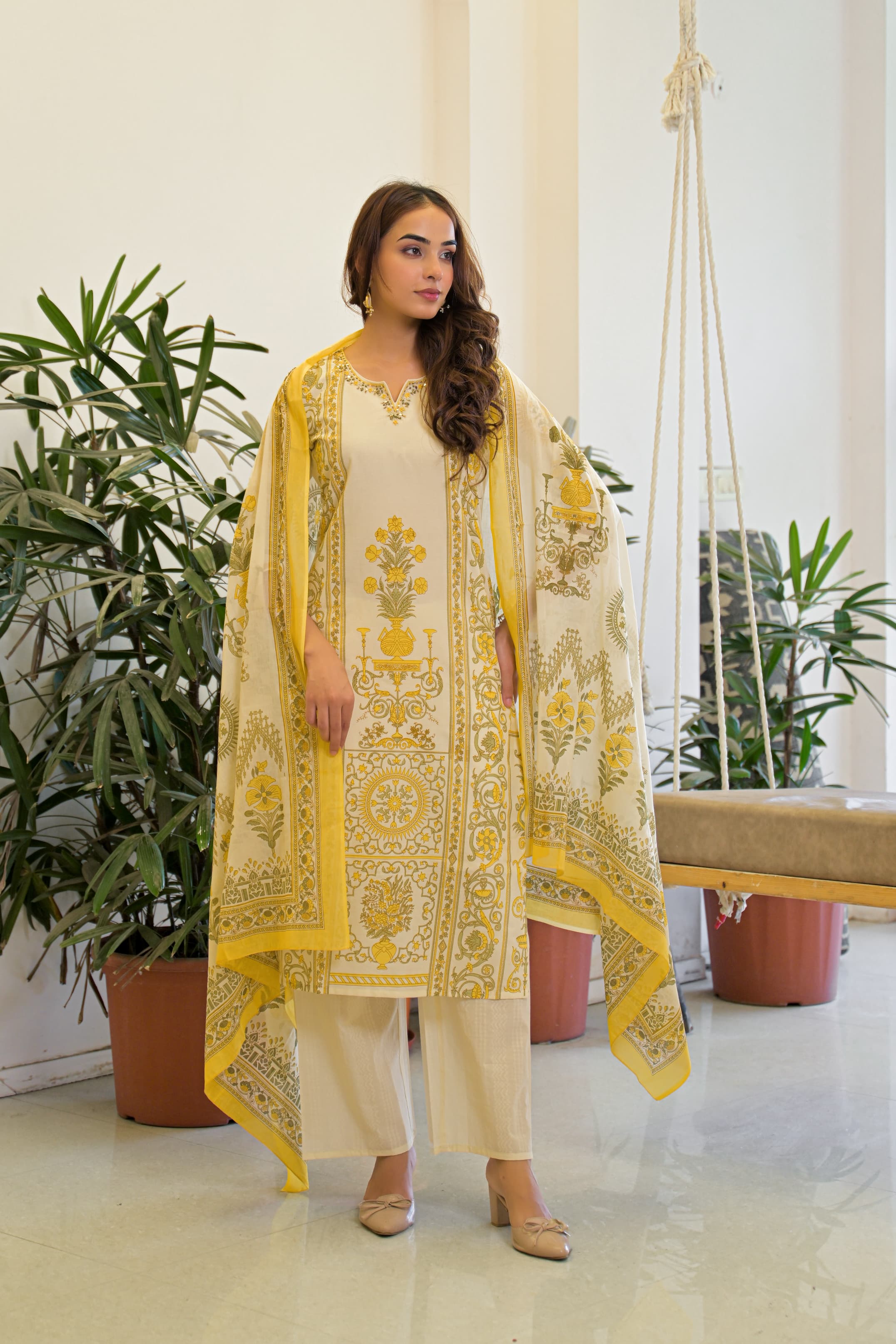 Ayesha yellow cotton printed suit set
