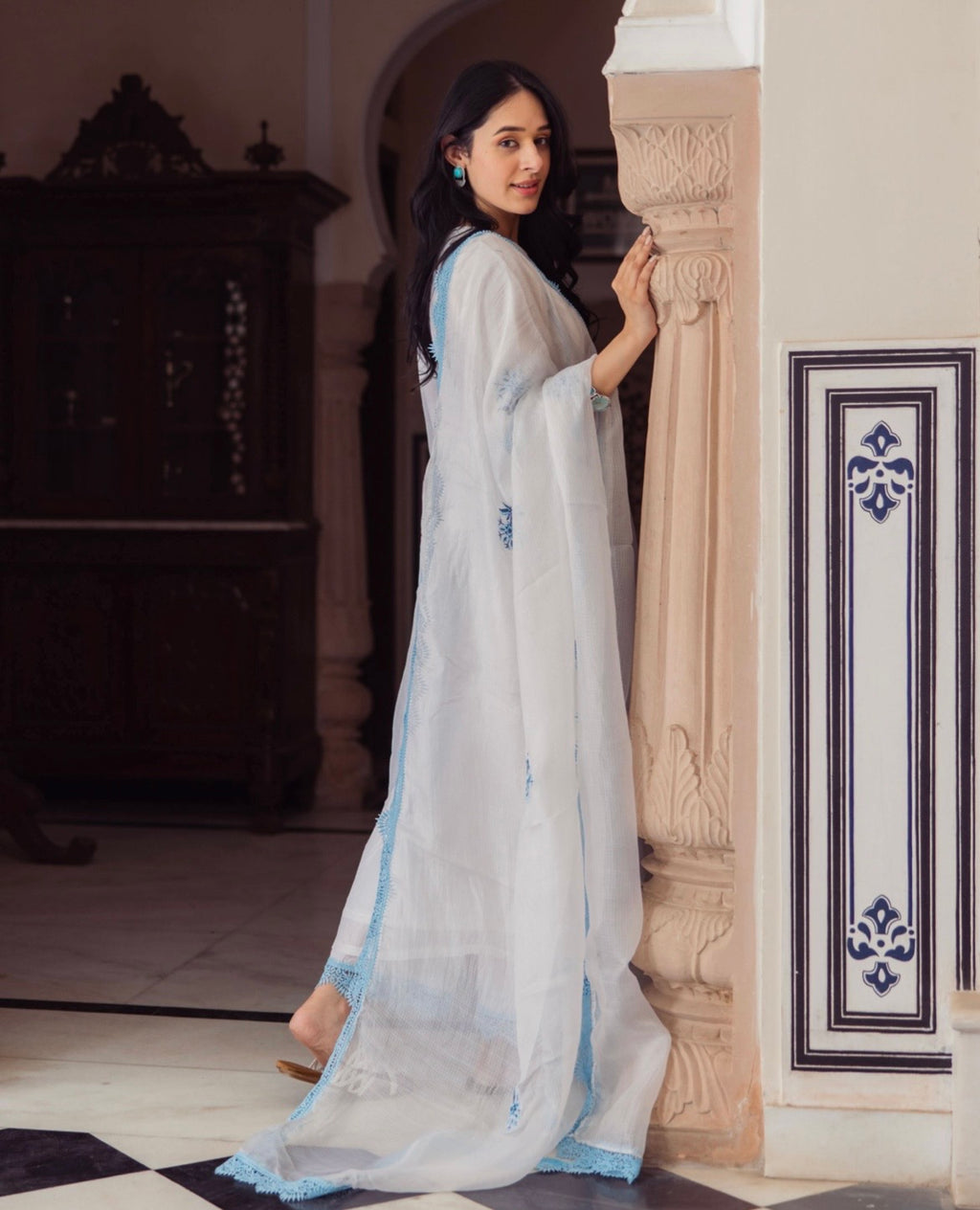 Vista White Embroidered Kota Doria Suit Set